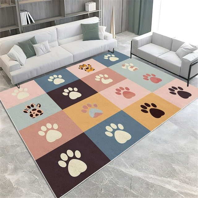 Area Rug 7x8 ft Cartoon Animal Footprints Living Room Non-Slip Rug, 3D Print Floor Carpet, Soft Large Area Rugs for Bedroom Dining Room Kitchen, Washable Low-Pile Rug