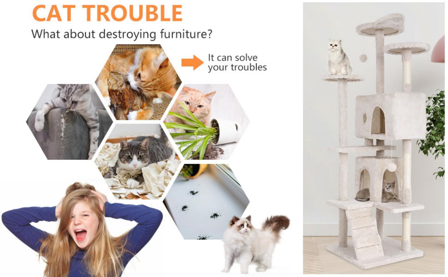 Dkelincs 70"H Large Multilevel Cat Tree, Double Condo Cat Tower with Scratching Post Tower & 3 Top Perches, Beige