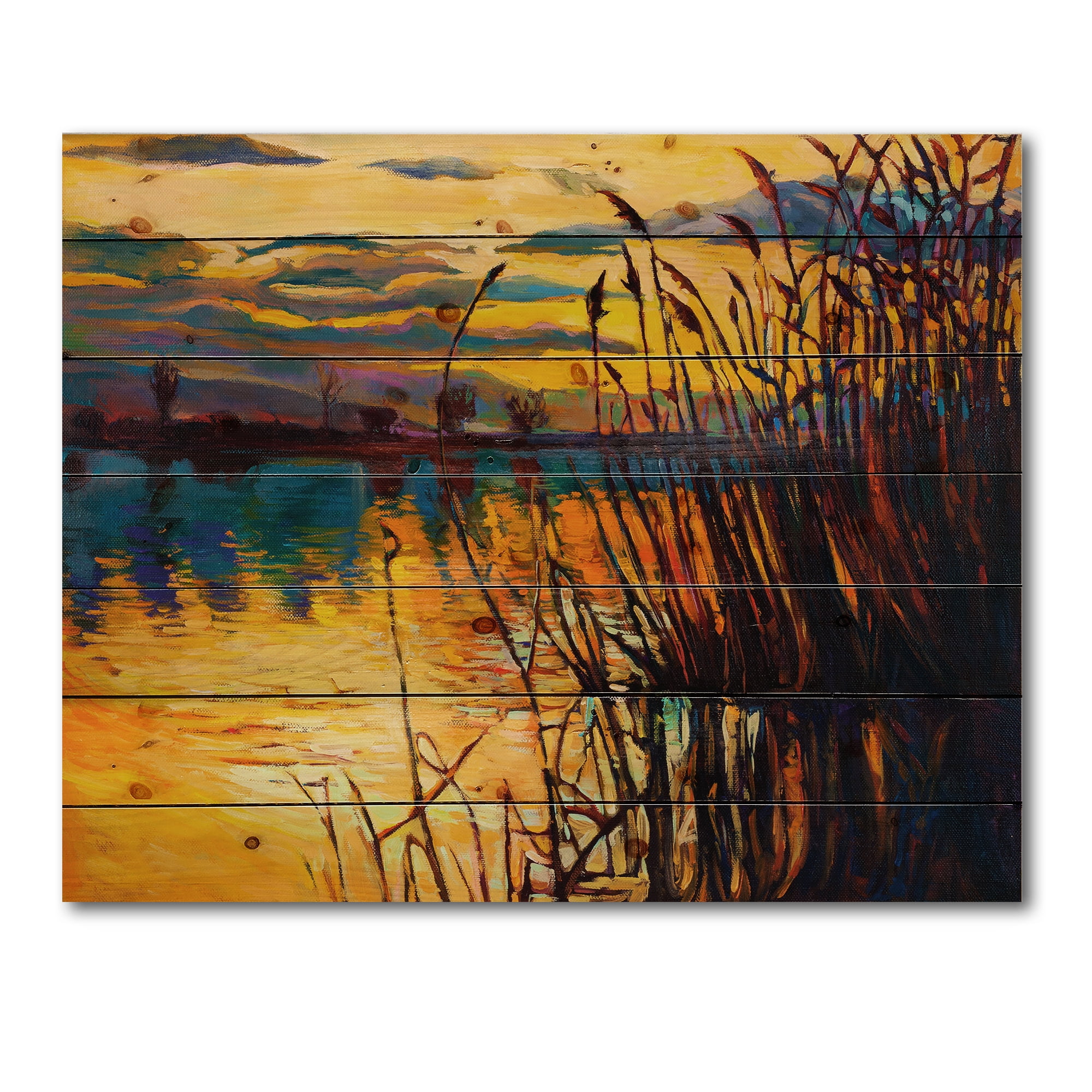 Designart 'Yellow Evening Glow Through The High Grass By The Lake' Nautical & Coastal Print on Natural Pine Wood