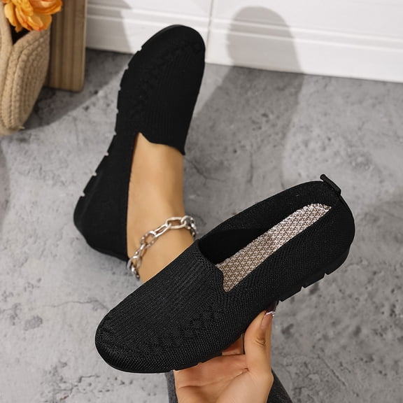 Domzle Women's Square Toe Slip-on Loafers Flats Dressy Casual Walking Shoes Breathable Comfortable Knit Shoes Black 39