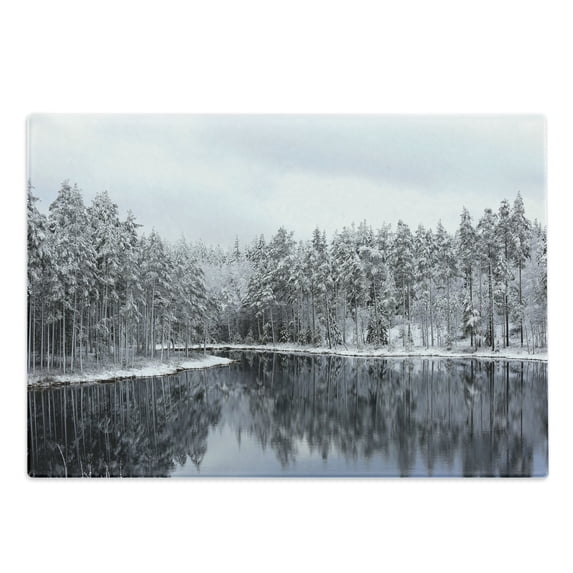 Woodland Cutting Board, Lake Surrounded by Snow Covered Trees on a Cold Winter Day in Finland Reflections, Decorative Tempered Glass Cutting and Serving Board, Large Size, White Brown, by Ambesonne