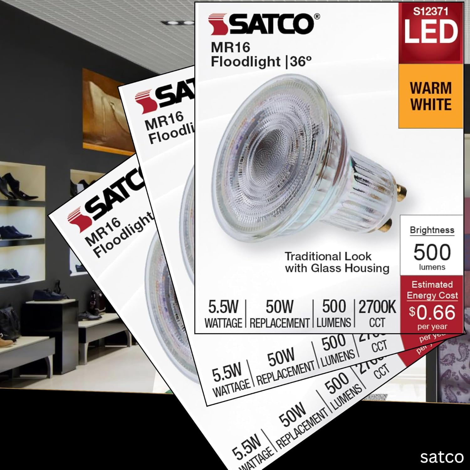Satco S12371 MR16 LED Flood Light Bulbs 120V 5.5W 2700K GU10 Base Dimmable (12 Pack)