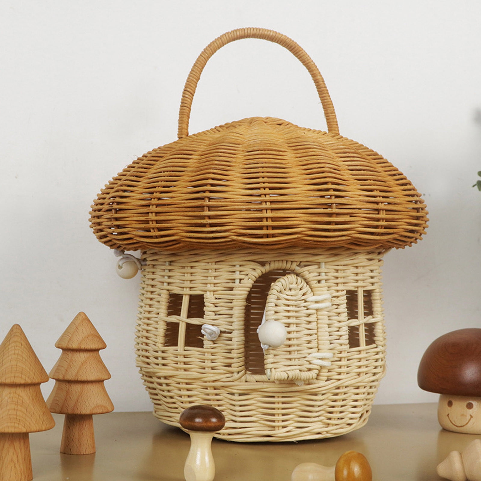 XINGXIANG Mushroom Basket with Lid,Easter Basket for Kids, Mushroom Storage Basket,Handmade Rattan Basket,Portable Picnic Basket,Woven Shelf Organizer for Doll House,Home Decoration(Square)
