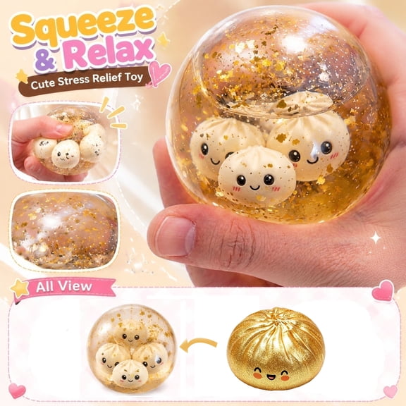 Dumpling Squishy Toy - Water Bead Fidget Ball with Gold Glitter and Random Smiling Bao Bun Characters,Sensory Gel Anxiety Relief Toy for Adults