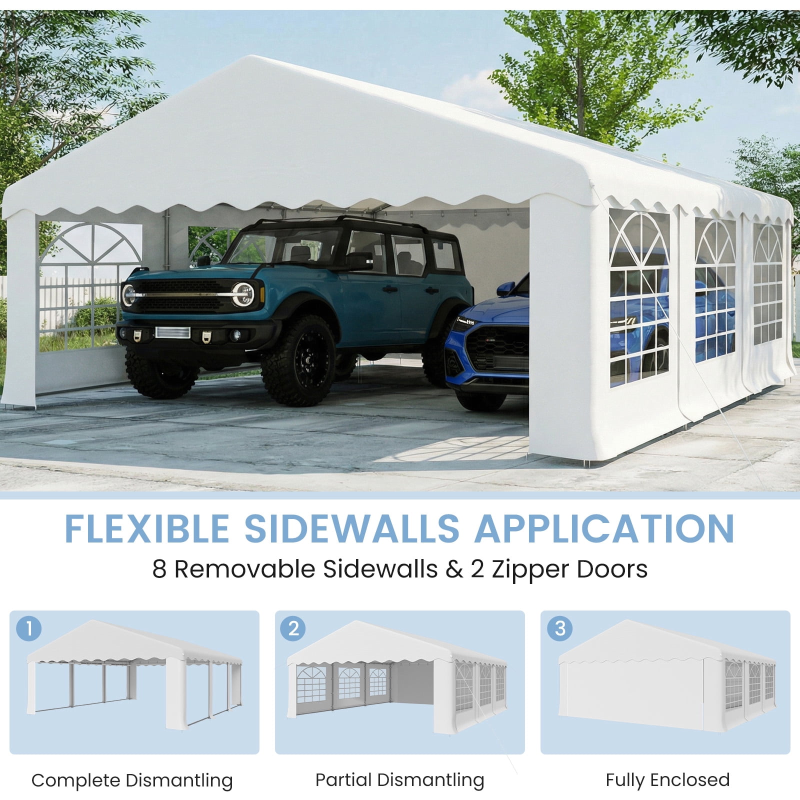 Erommy 20x20FT Heavy Duty Party Tent, Outdoor Wedding Canopy with 8 Removable Sidewalls, 2 Roll up Doors for Large Events,White