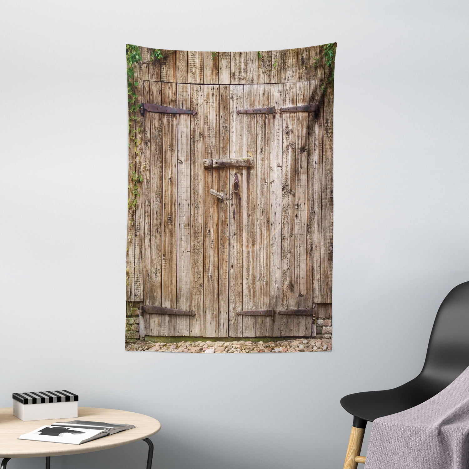 Rustic Tapestry, Old Oak Closed Garage Door with Steel Hinges Vintage