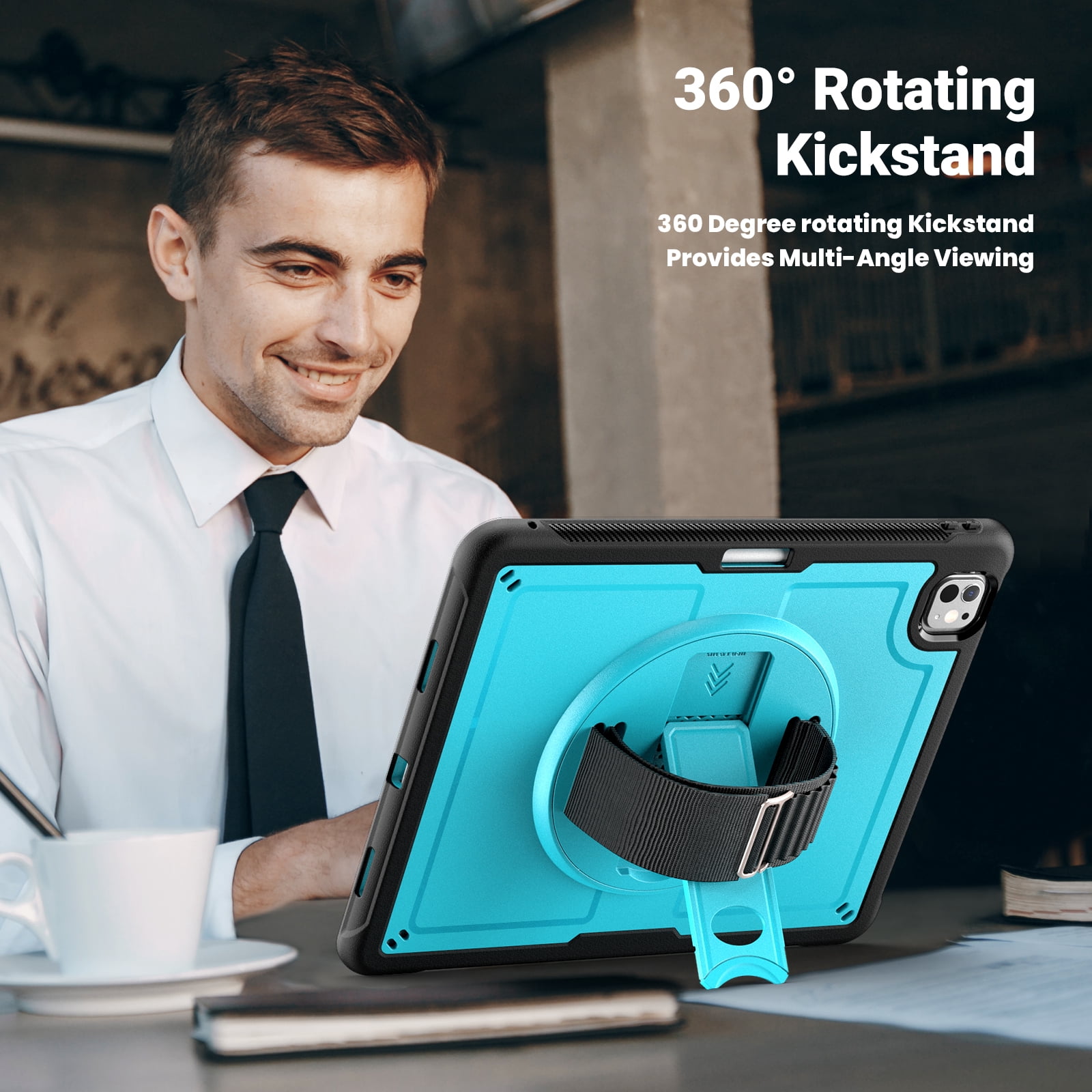 ELEHOLD Case for Apple iPad Pro 13 2024,Soft TPU Rugged Durable Case with 360° Rotating Hand Strap & Foldable Hidden Stand & Pencil Holder,Lightblue