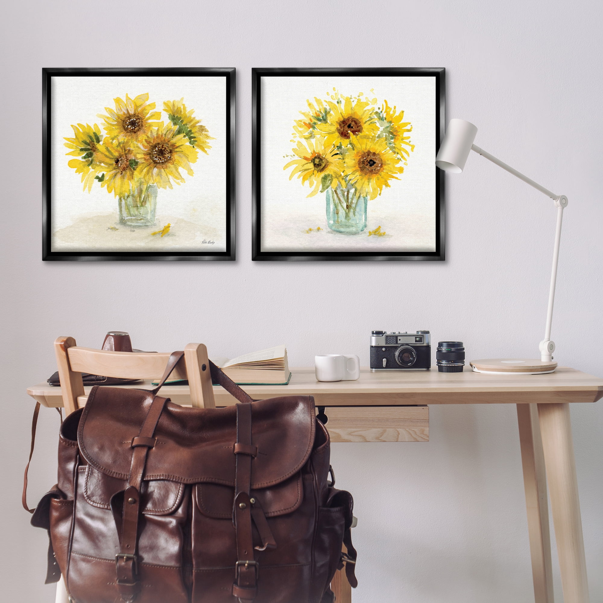 Stupell Industries Sunflower Bouquet Jar Plants & Flowers Painting Black Floater Framed Canvas Art Print Wall Art, 25 x 25, Set of 2