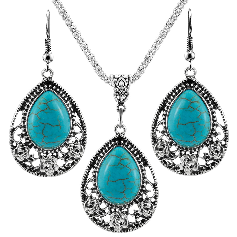 Women Girls Jewelry Ethnic Bohemian Drip Turquoise Pendant Necklace