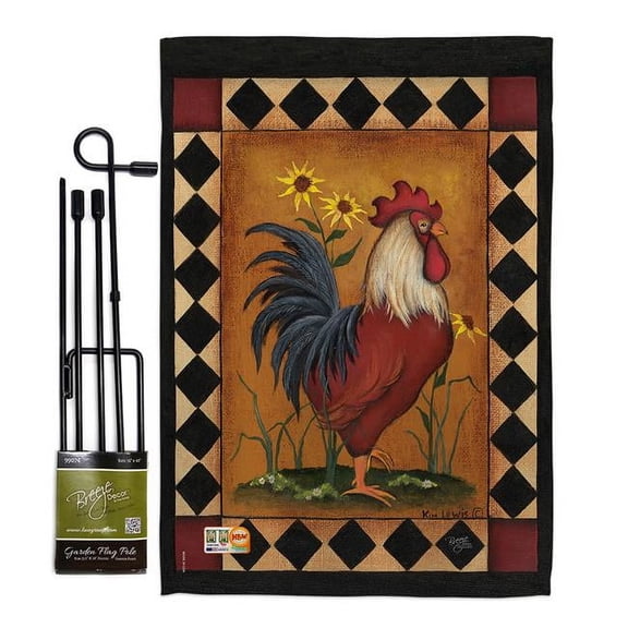 Breeze Decor BD-FA-GS-110073-IP-BO-D-US13-SB 13 x 18.5 in. Rooster Nature Farm Animals Vertical Double Sided Mini Garden Flag Set with Banner Pole