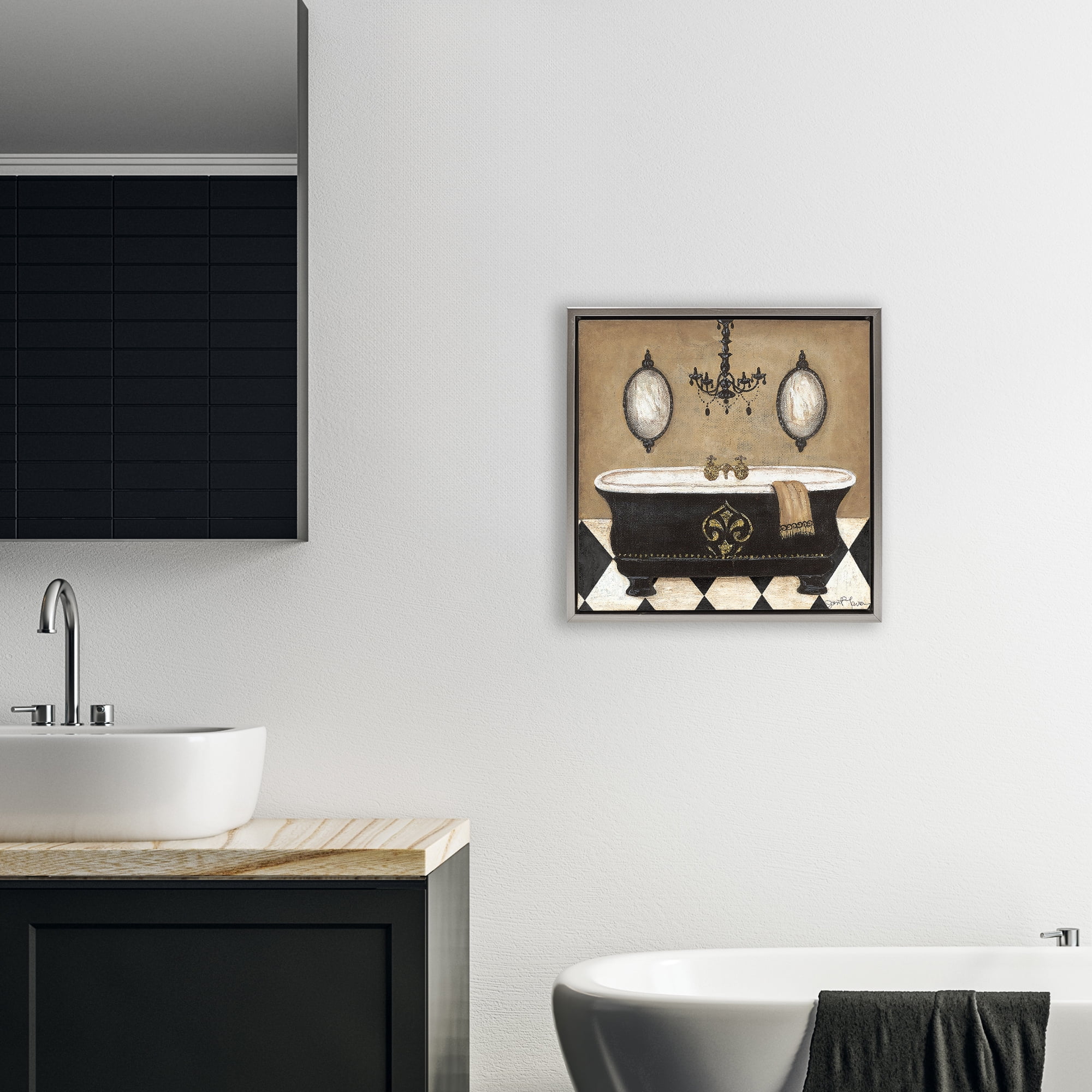 Stupell Industries Elegant Bathtub & Chandelier Gray Framed Floater Canvas Wall Art, design by Janet Tava