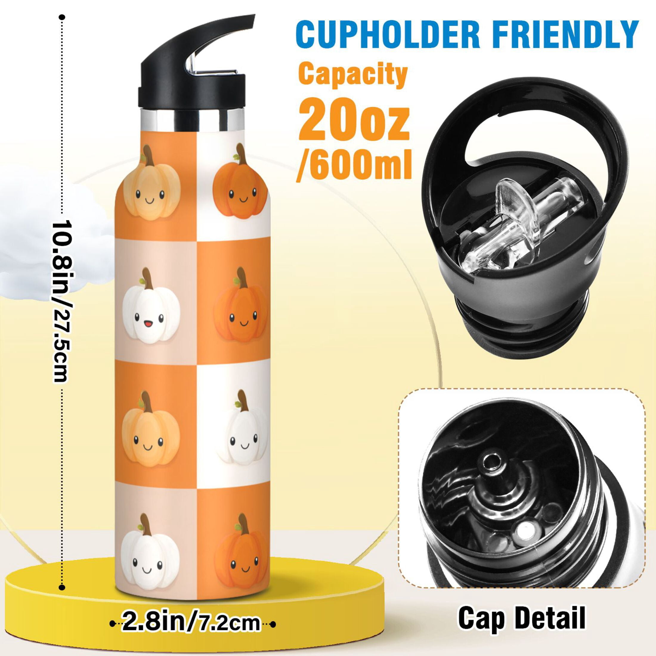 Kids Insulated Stainless Steel Sports Water Bottle 600ml (20oz) Orange and White Squares