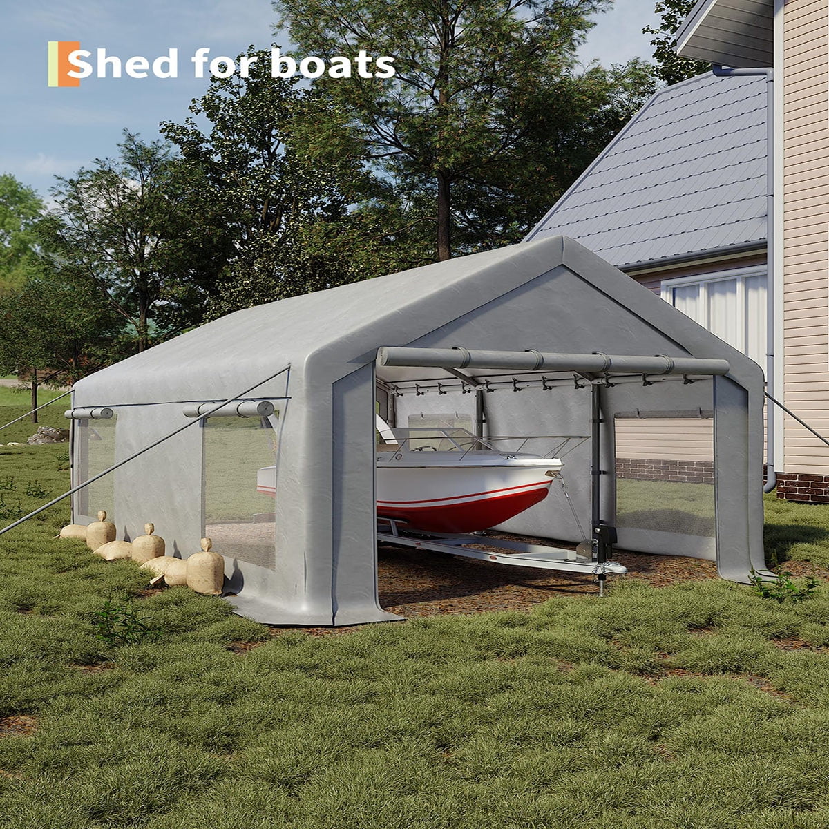 Ataucjin 12x20 ft Portable Garage, Car Port with 200 g PE Tarp Canopy, with 2 Roll-Up Doors and 4 Windows, for Temporary Paint Booth, Boats&Pickups Shed, and Event Shelter
