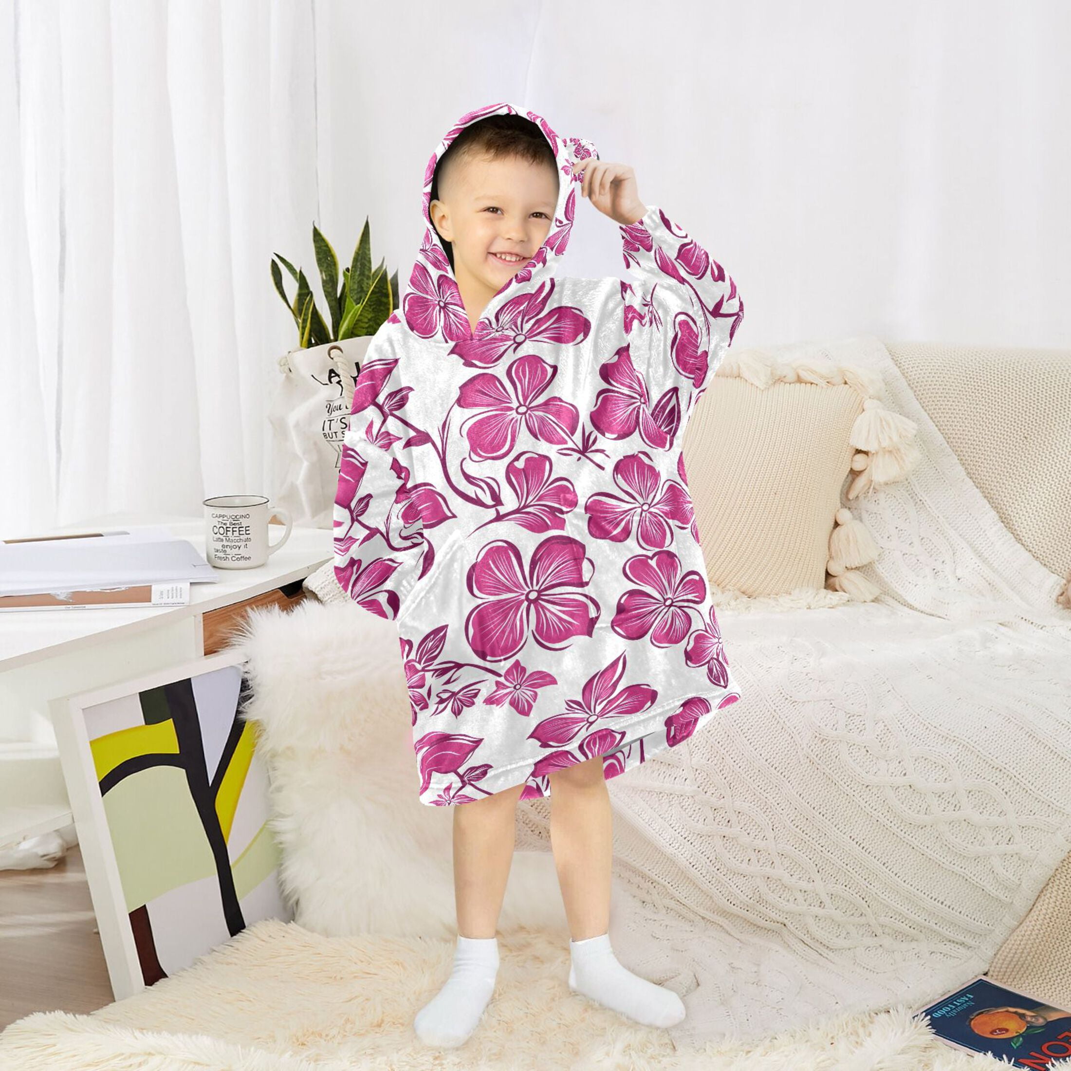 joogoo Wearable Blanket Hoodie for Hand Draw Flower Flannel Sherpa Pocket 3-14 YR S
