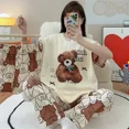 thumbnail image 2 of Conjunto de pijamas de dibujos animados de verano para mujer, pantalones largos de manga corta tipo algodón, ropa para el hogar de estilo lindo, traje de tres piezas, ropa de dormir, 2 of 5