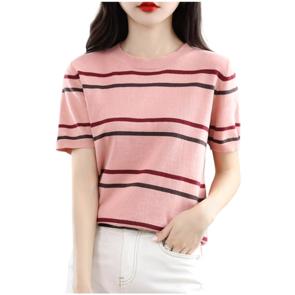 Ichuanyi Womens Stripe Tops 2026 Summer Short Sleeve Crewneck Lightweight Casual Pullover Shirts