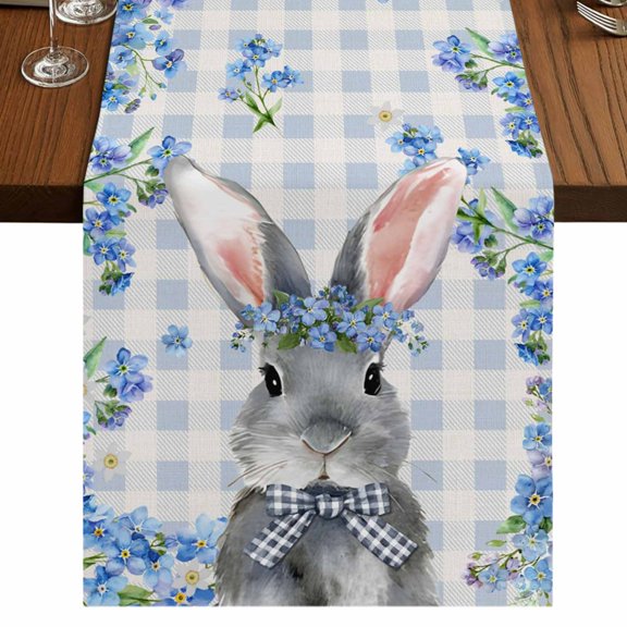 Table Runners 108 Inches Long Dress Scarves, Easter Rabbit Farmhouse Coffee/Dining/Kitchen Table Runner for Living Room, Spring Cute Bunny Blue Flowers Buffalo Plaid 13x108 Inch