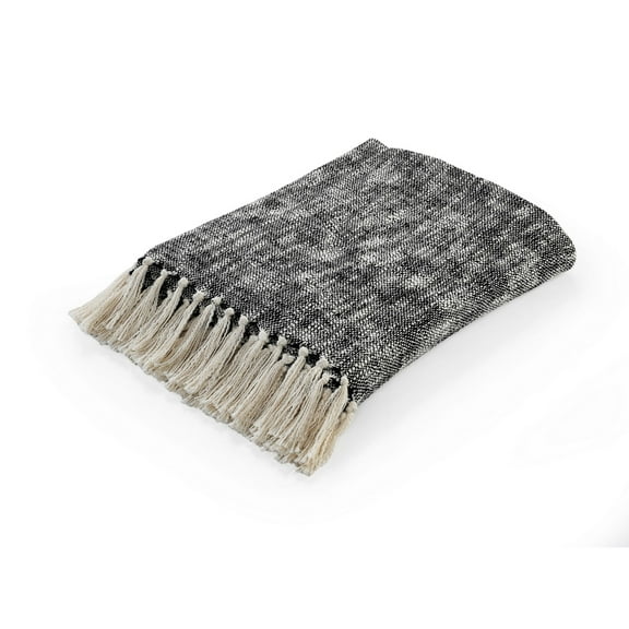 Laddha Home Designs Black and Ivory Distressed Throw Blanket with Fringes 50" x 60"