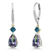 Gem Stone King 925 Silver and 10K Yellow Gold Green Mystic Topaz and London Blue Topaz and White Lab Grown Diamond Earrings for Women | 5.70 Cttw | GemstoneNovember Birthstone | Pear Shape 10X7MM