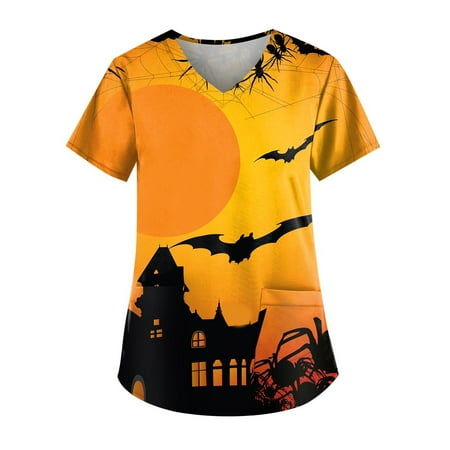 

DENGDENG Scrubs for Women Medium Halloween Castle Printed Clothes Clearance Short Sleeve with Pockets Nursing Uniforms Loose Fall Plus Size Scrub Tops Maternity V Neck Patterned Shirt Yellow 5XL