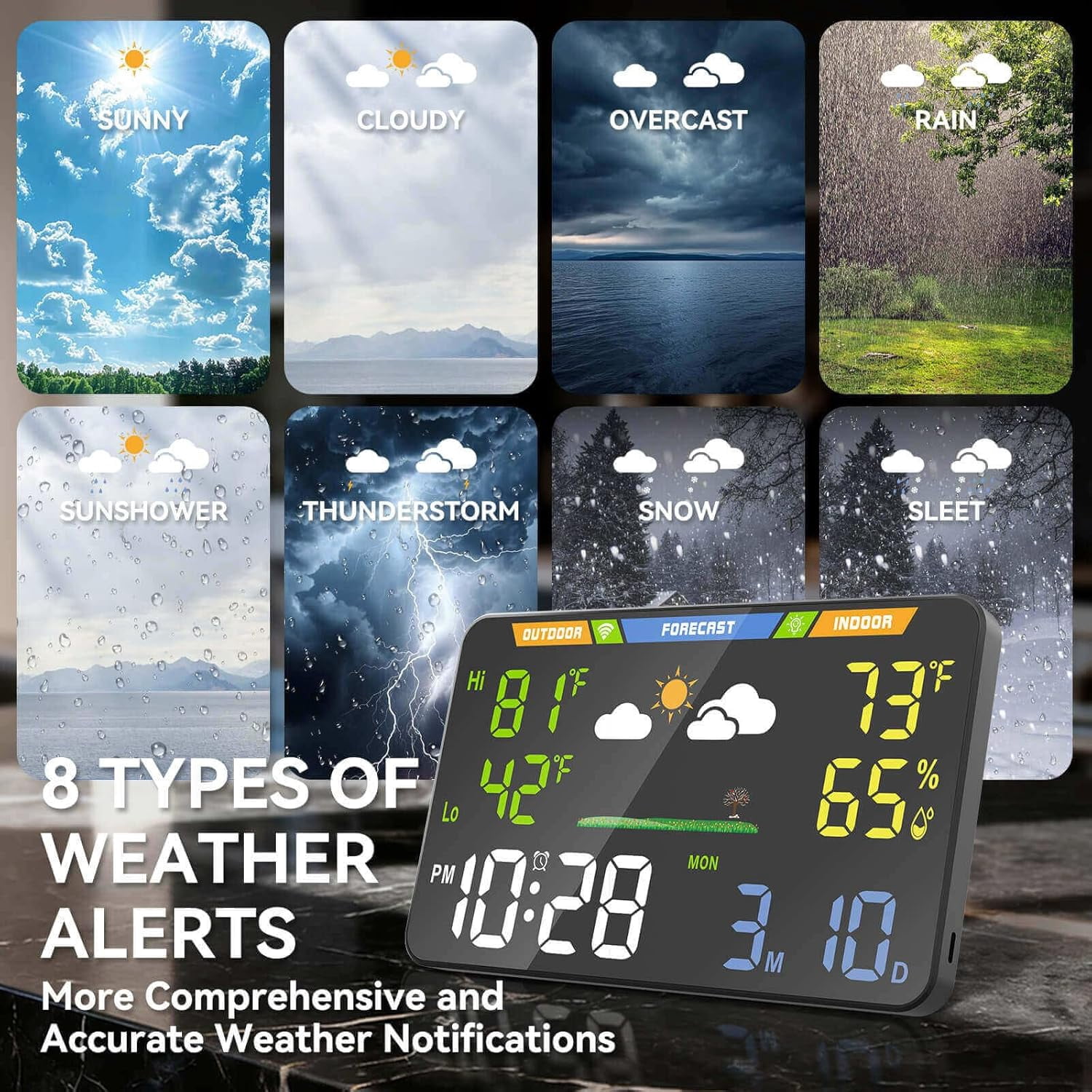 Wi-Fi Weather Station with Indoor Outdoor Temperature Humidity Monitor Wireless Forecast Display Digital Alarm Clock