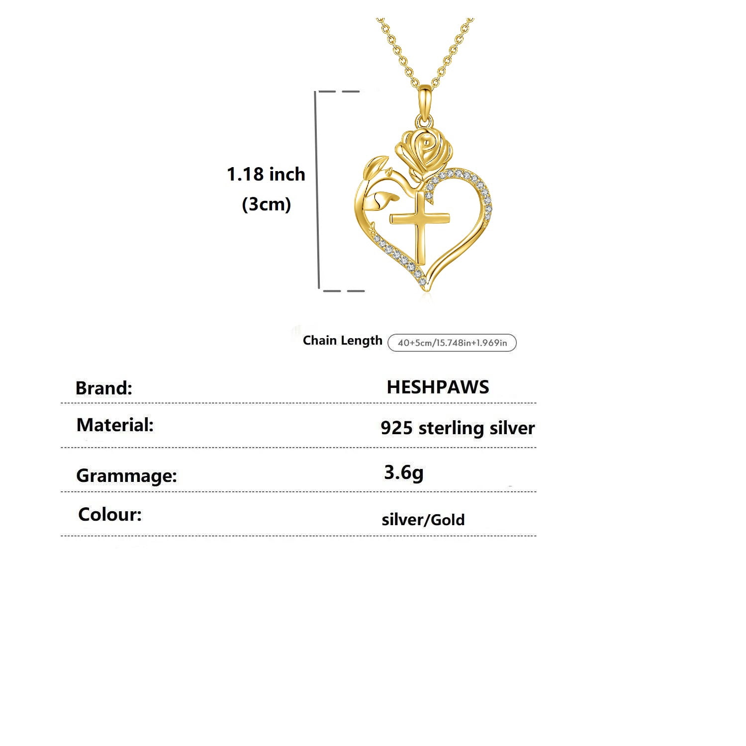 Heshpaws  925 Sterling Silver Cross Necklace, Rose Heart Pendant Necklaces for Women, Elegant Cross Chain Jewelry Gifts with Gift Box, Ideal Mother's Day Gifts for Women Mom