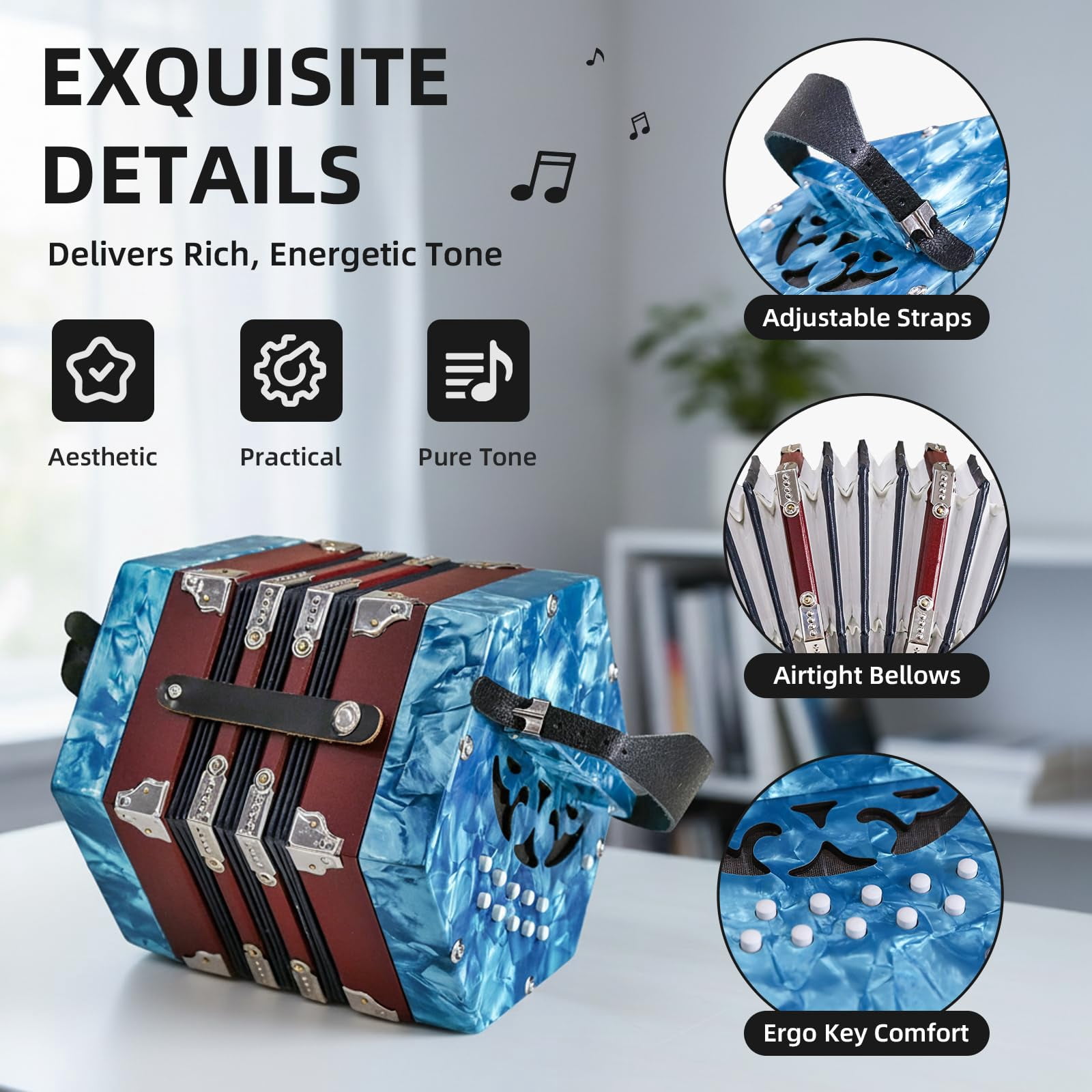 Rowadtim 20-Key Sky Blue Concertina Accordion for Adults, Professional Beginner Instrument with Adjustable Hand Straps and Full Accessories