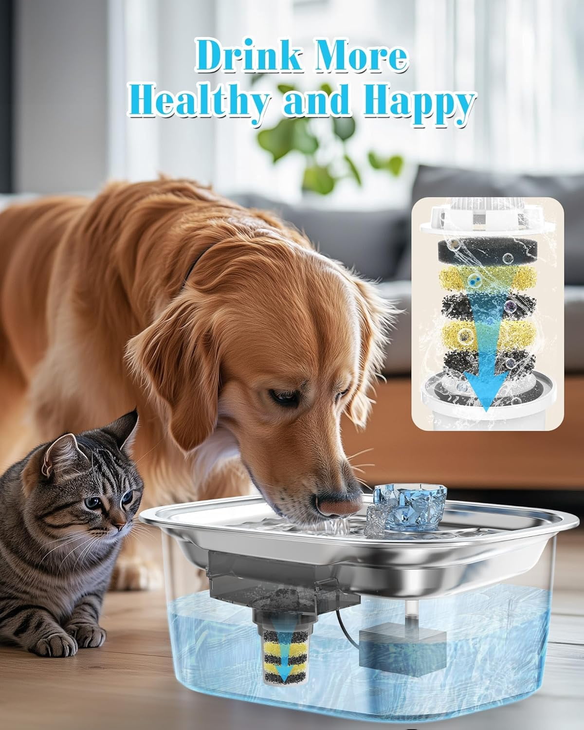 3 Galon Stainless Steel Dog Water Fountain for Large Dogs, Pet Water Fountain with 2 Filters, Automatic Dog Fountain Dog Water Bowl Dispenser Indoor, Quiet Pump, Dishwasher Safe