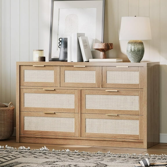 Accreate 7 Drawers Dresser 52Inches Wide Rattan Dresser Modern Chest of Drawers with Metal Handle Wood Closet Clothes Storage Organizer