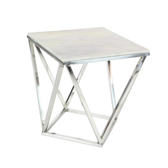 DecMode Silver Stainless Steel Metal Geometric Side End Accent Table with Marble Top, 18" x 18" x 21"