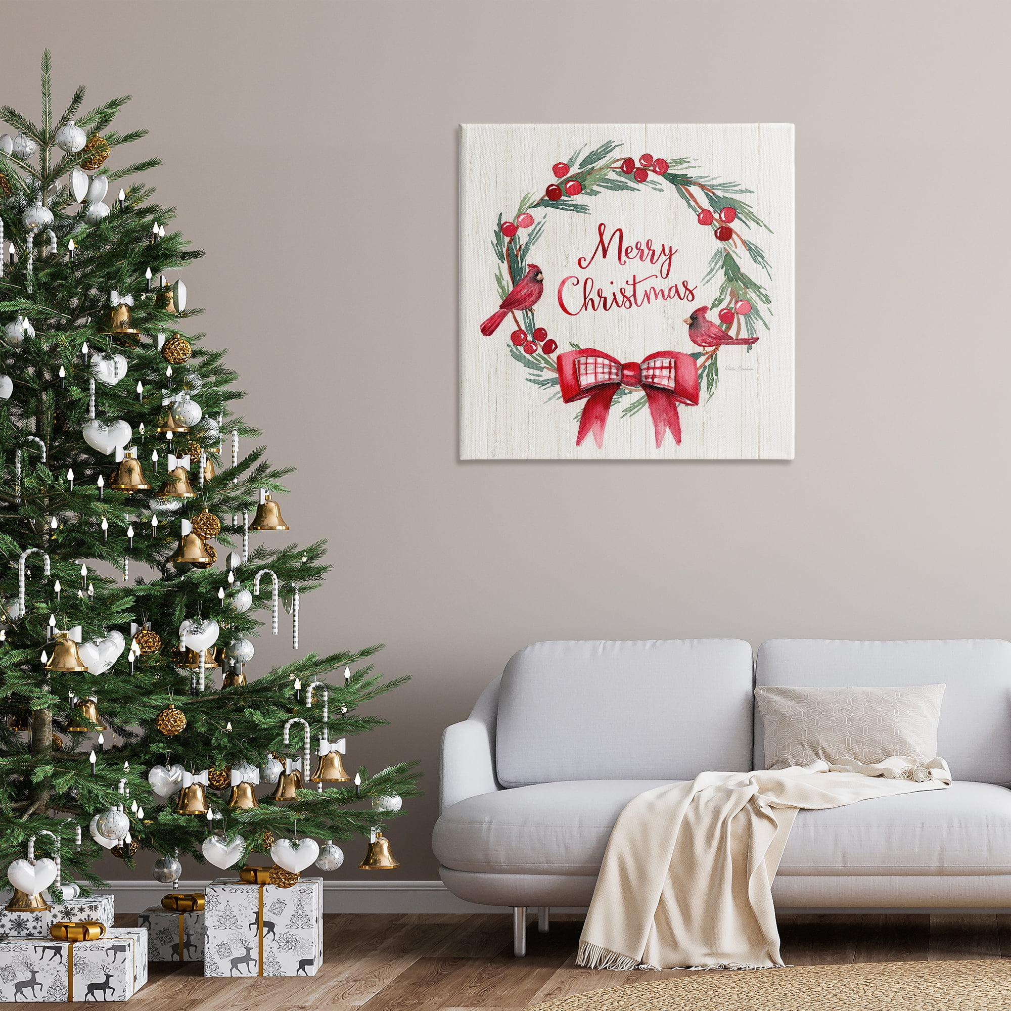Stupell Industries Merry Christmas Holly Wreath Holiday Painting Gallery Wrapped Canvas Art Prints Wall Art, 36 x 36