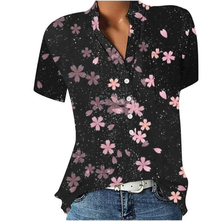 

Yourumao Women Clearance Tops Cherry Floral Print Slimming Tunics Blouses for Ladies Summer Fall Short Sleeve Henley V Turtle Neck Spandex Brunch Top Bustier Teen Girl Button 2023