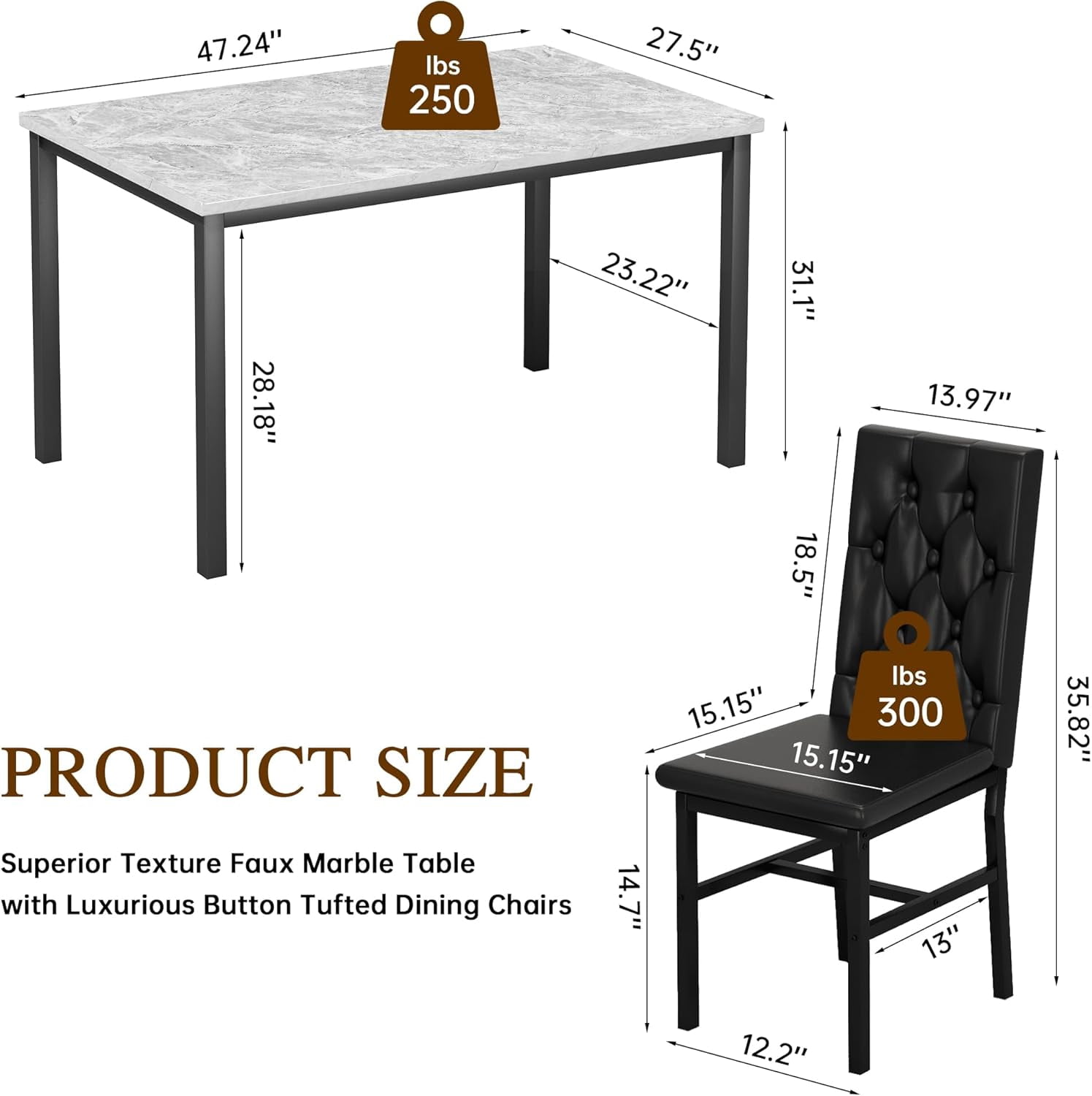 Baxluxe Marble Dining Table Set for 4, Gray Faux Marble Kitchen Table and Chairs Set, 5 Pieces Rectangle Dining Table with 4 Leather Dining Chairs, Dining Set for Small Space, Pub, Gray+Black