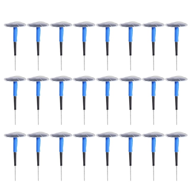 24 piezas de parche de goma de hongo para reparación de pinchazos de neumáticos sin cámara universales para automóvil y motocicleta, conjunto de 24 tapones azules con cabeza redondeada gris y vástago con clavo de acero, vista frontal centrada sobre fondo blanco; a menudo usado también como parche temporal para bicicletas y scooters eléctricos.