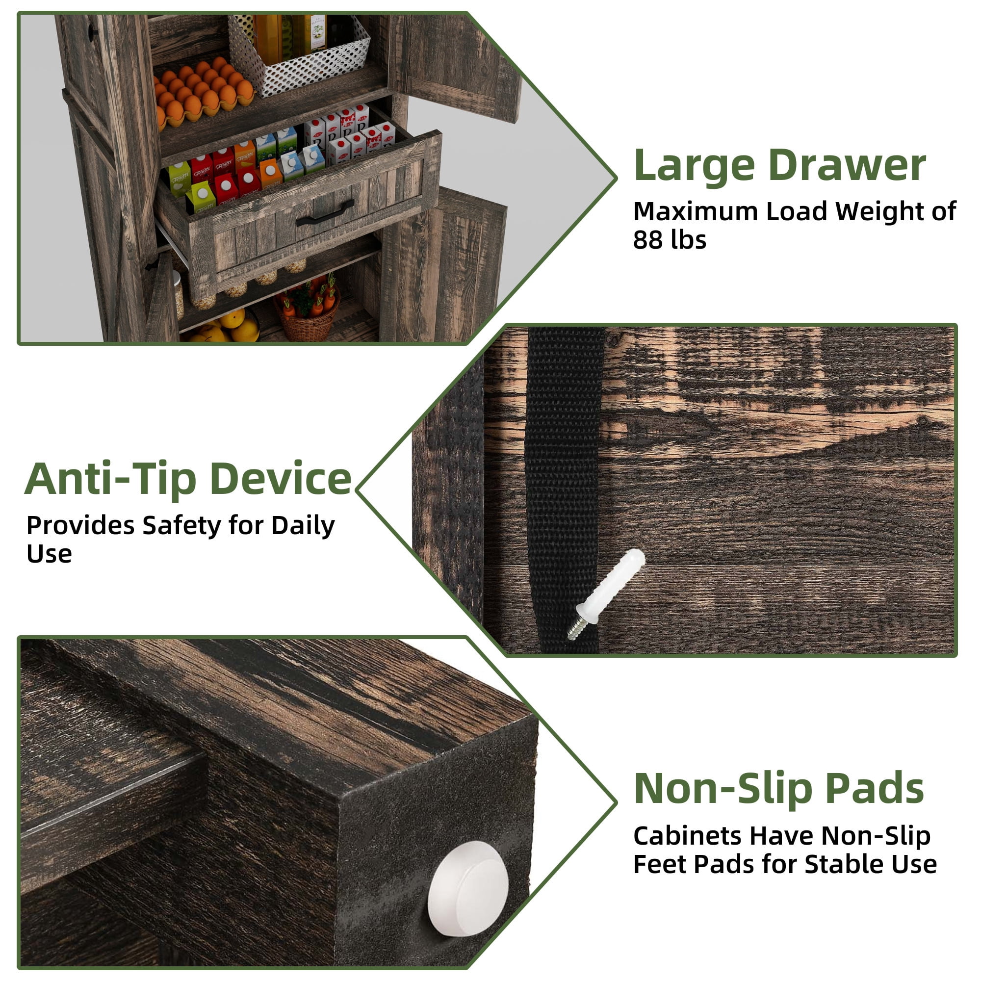 Uforic Kitchen Pantry Storage Cabinet with Doors and Drawer, Dark Oak