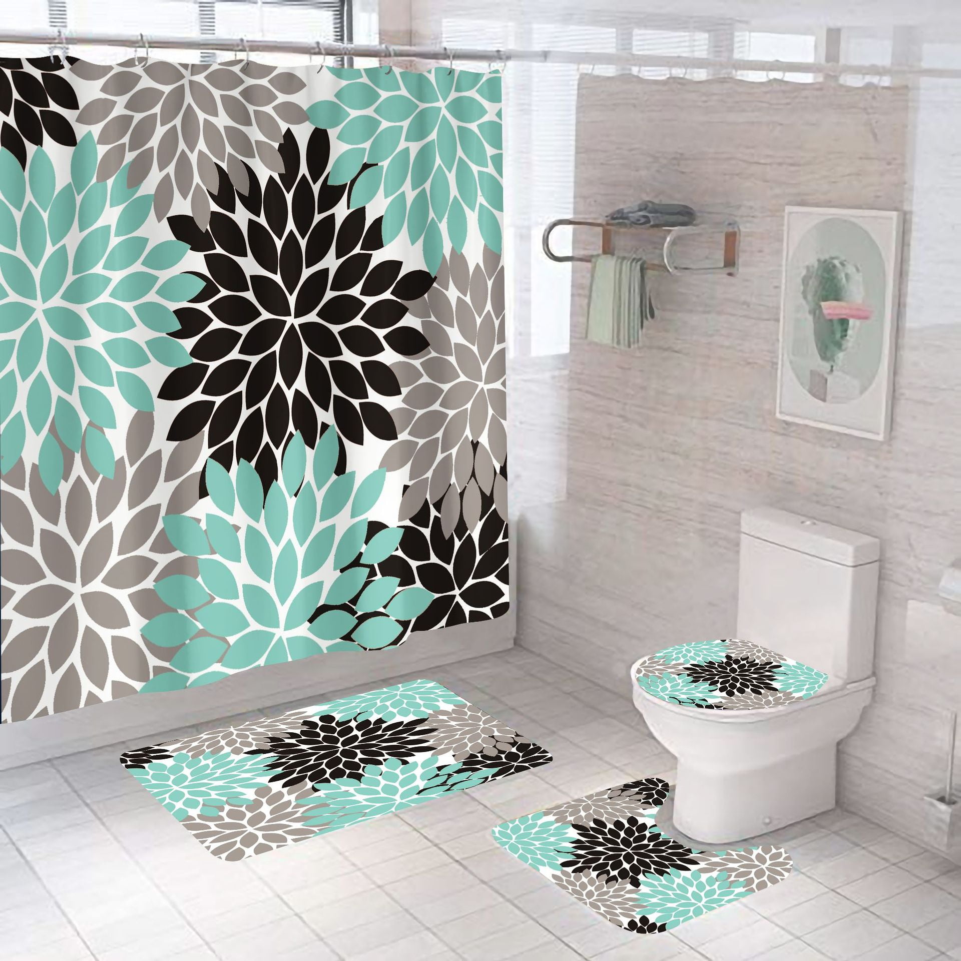 Dahlia Pinnata Floral Aqua Green Long Shower Curtain Bathroom Decorative Waterproof Polyester Fabric Bath Curtains with Hooks 72 x 78 Large Size 