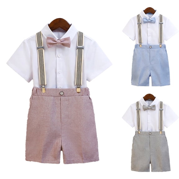 LYMAYTER Toddler Baby Formal Suit Set Boy Short Shirt Shorts Bowtie Suspenders Summer Wedding Outfit