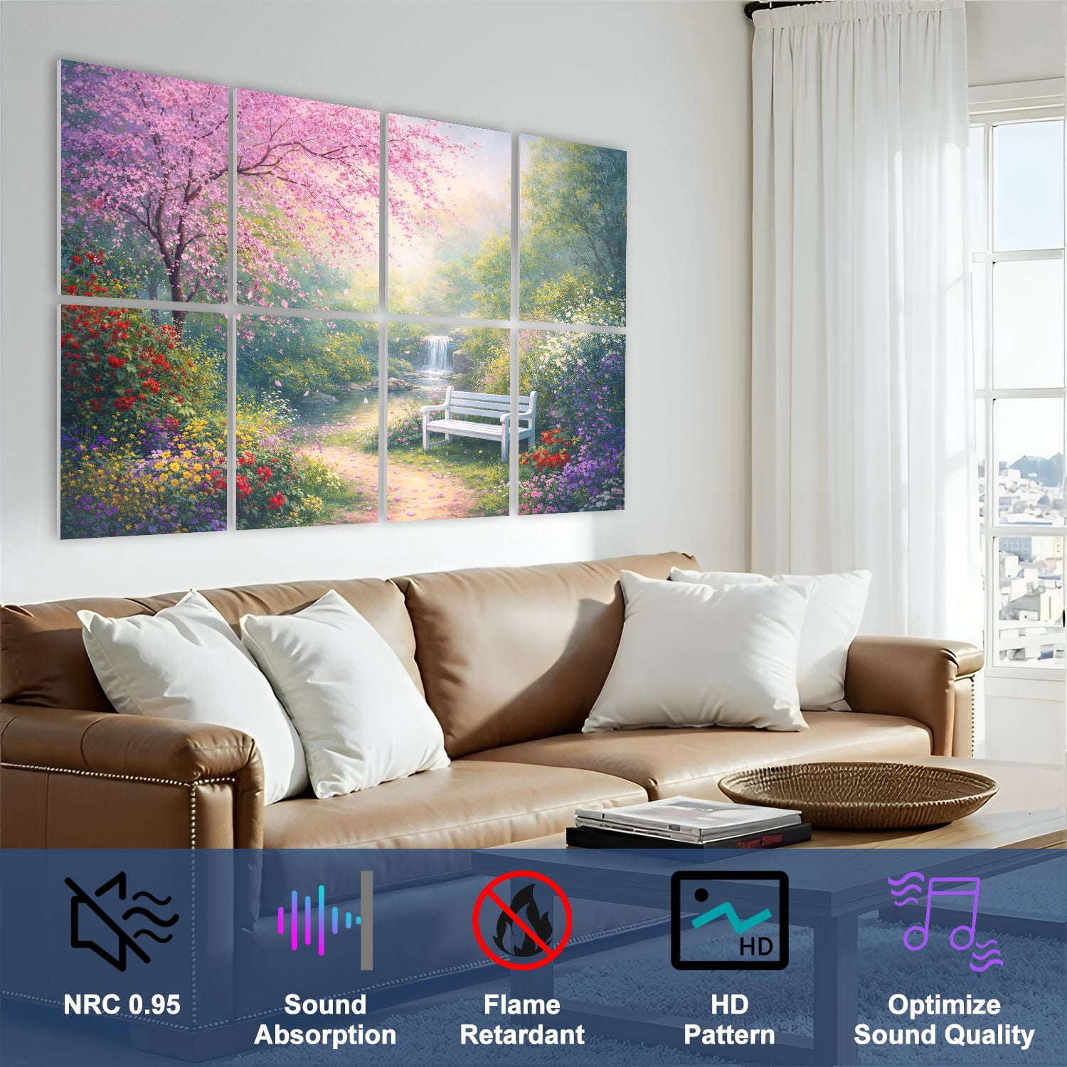 8 Pack Art Acoustic Panels Sound Absorbing Romantic Spring Garden Blossoming pink Decorative Soundproof Wall Panels Self Adhesive for Nursery Game Room Bedroom 48"x32"