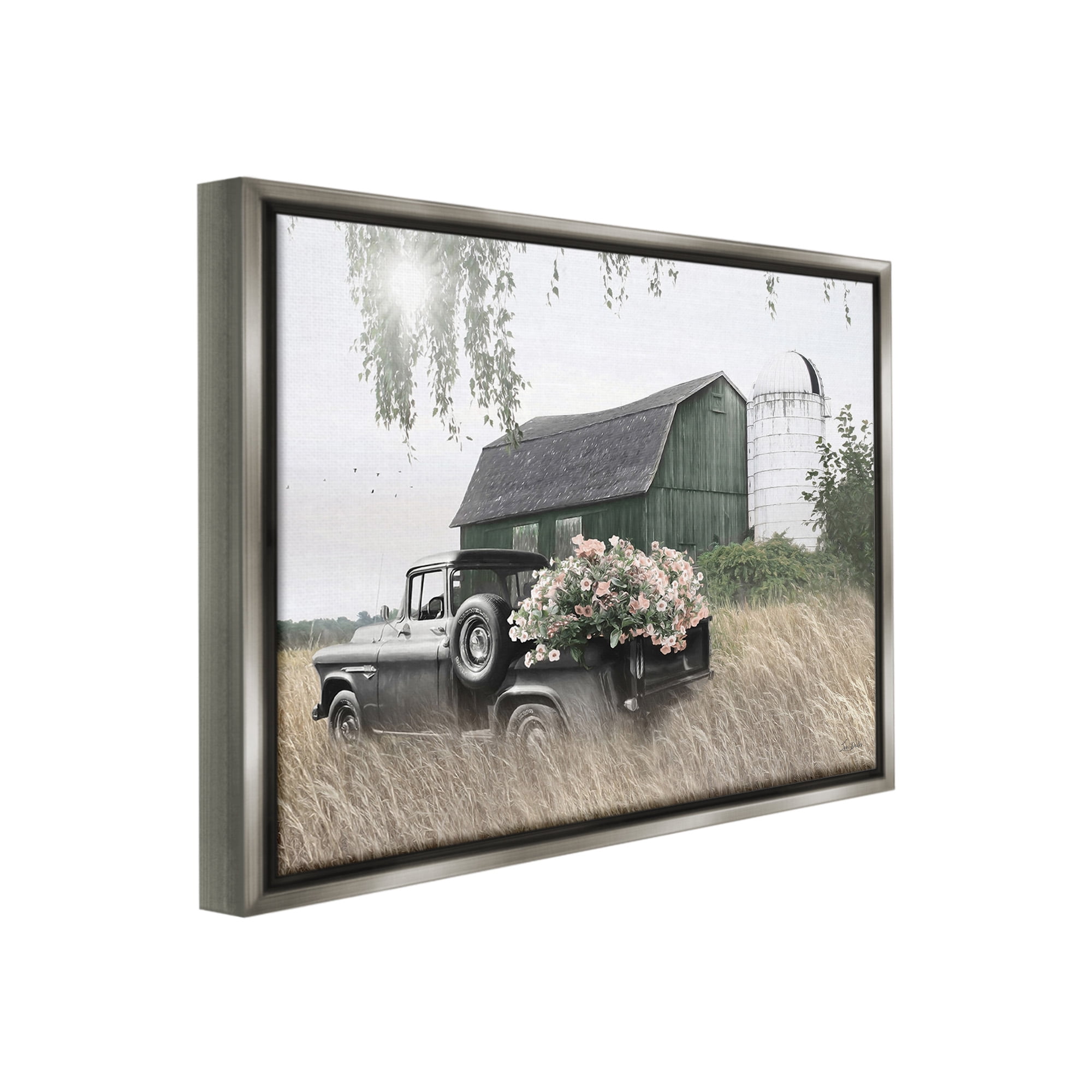 Stupell Industries Barn & Truck with Florals Landscape Photography Gray Floater Framed Canvas Art Print Wall Art, 31 x 25