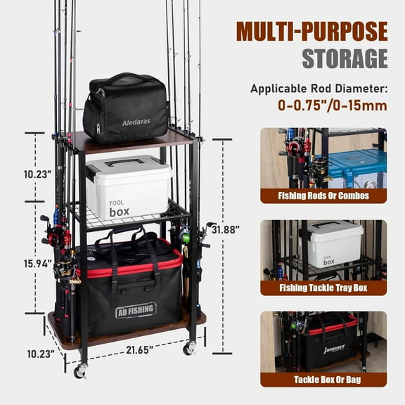Fishing Rod Holder Cart with 10 Rod Slots, Garage Storage Organizer for Fishing Gear