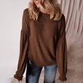 thumbnail image 2 of Jinhomg Knitted Sweatshirt for Women Casual Solid Color Fall Lounge Tops Loose Fit Comfy Long Ruffle Sleeve Crewneck Knit Pullover Coffee XXL, 2 of 7