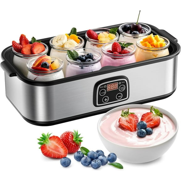 Yogurt Maker with Adjustable Temp & Timer – Digital Greek Yogurt Machine with 8×6oz BPA-Free Glass Jars – Probiotic-Rich, Stainless Steel, Easy to Use for Home