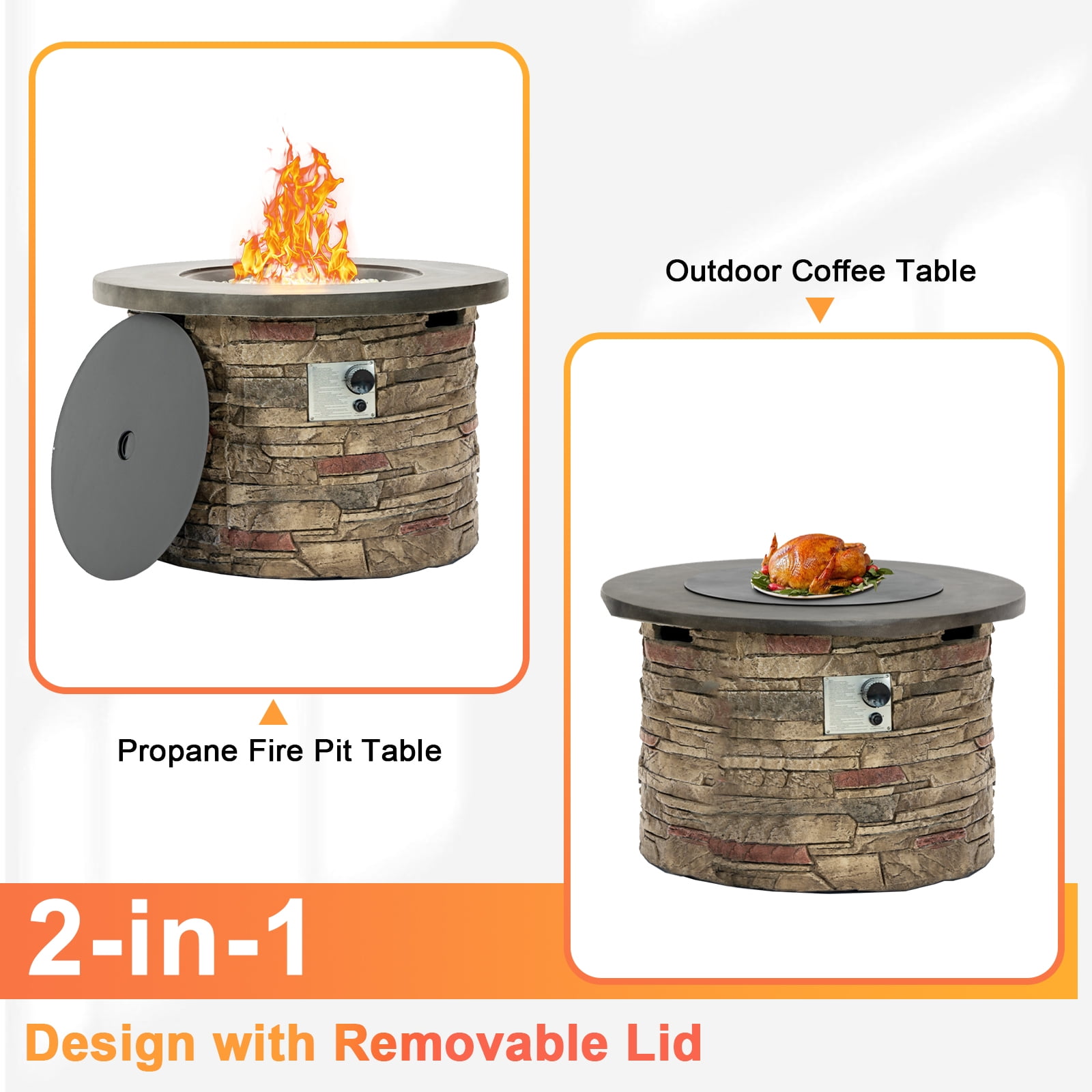 36'' Propane Gas Fire Pit Table, 50000 BTU Round Concrete Fire Pit for Outside Patio Deck Garden Backyard