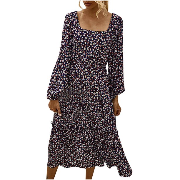 El vestido estampado sexy de manga larga suelto con cuello cuadrado informal de talla grande de invierno para mujer a la moda Fridja yut7163