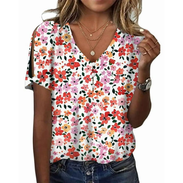 Camiseta HOTYD para mujer, estampado floral bohemio, cuello en V, 3XL, multicolor