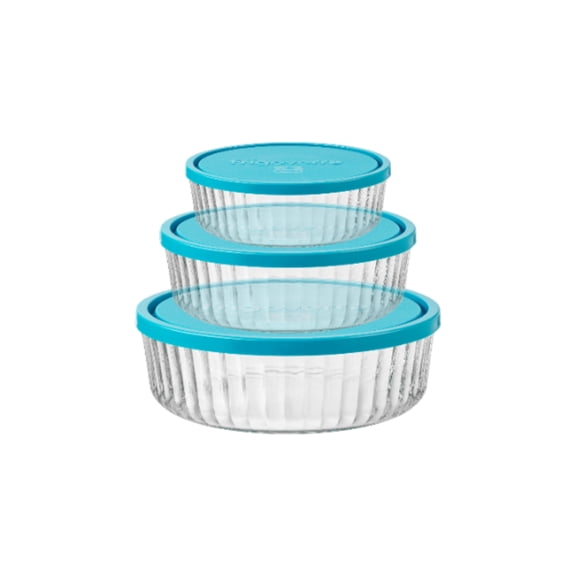 Bormioli Rocco Frigoverre Brilliante 3 Piece Set, Ribbed Round Glass Containers with Silicone Covers - Scratch-Resistant Nesting Bowls for Storage or Prep - 13.25oz, 27.75oz & 51.75oz
