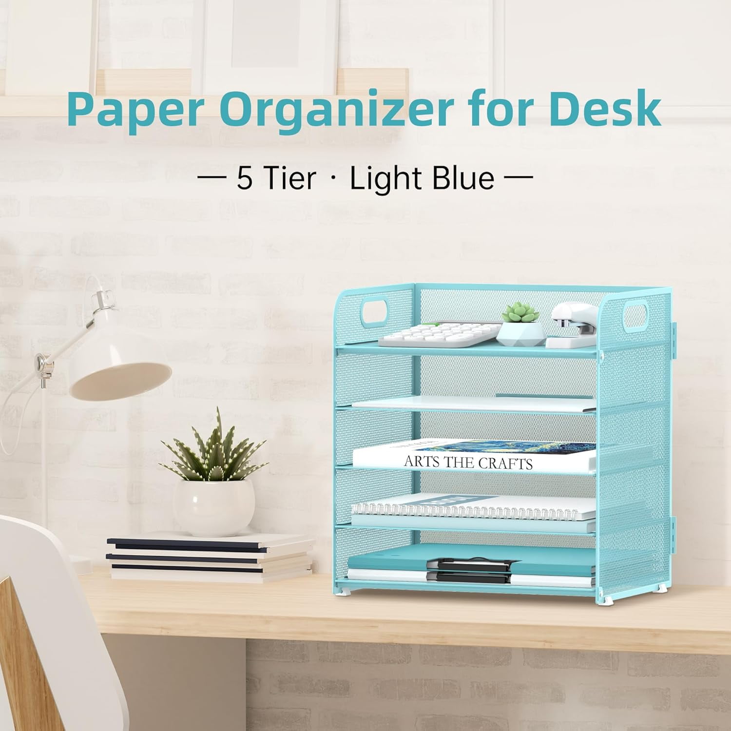 INTIGE 5-Tier Desk Organizer with Handle Mesh Desk File/Paper Organizer Letter Tray for Office