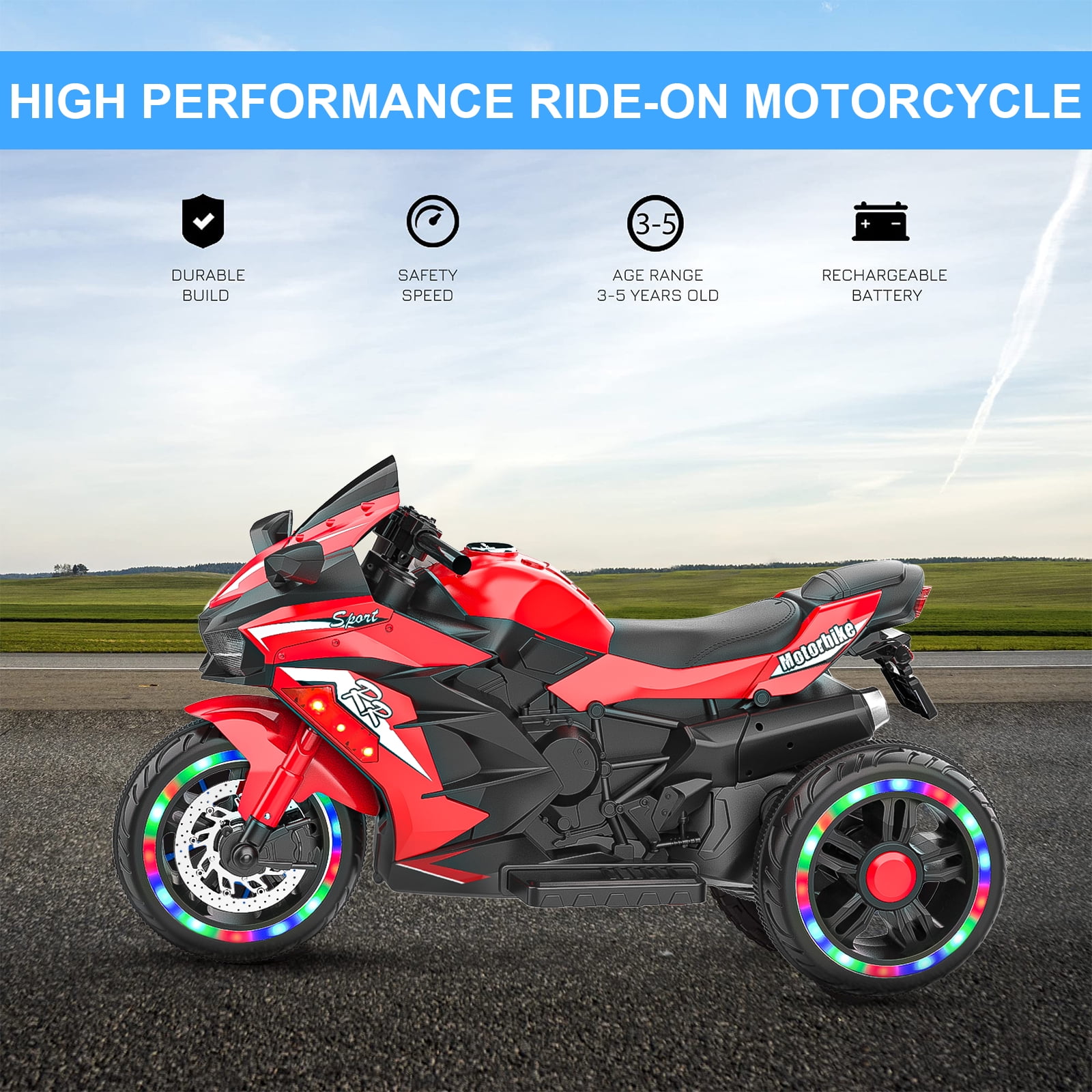 Techvida 12V Kids Ride on Motorcycle, Electric Trike Motorcycle for Boys Girls, LED Lights, Foot Pedal, Kids On Motorcycle for Boys Girls (Red)