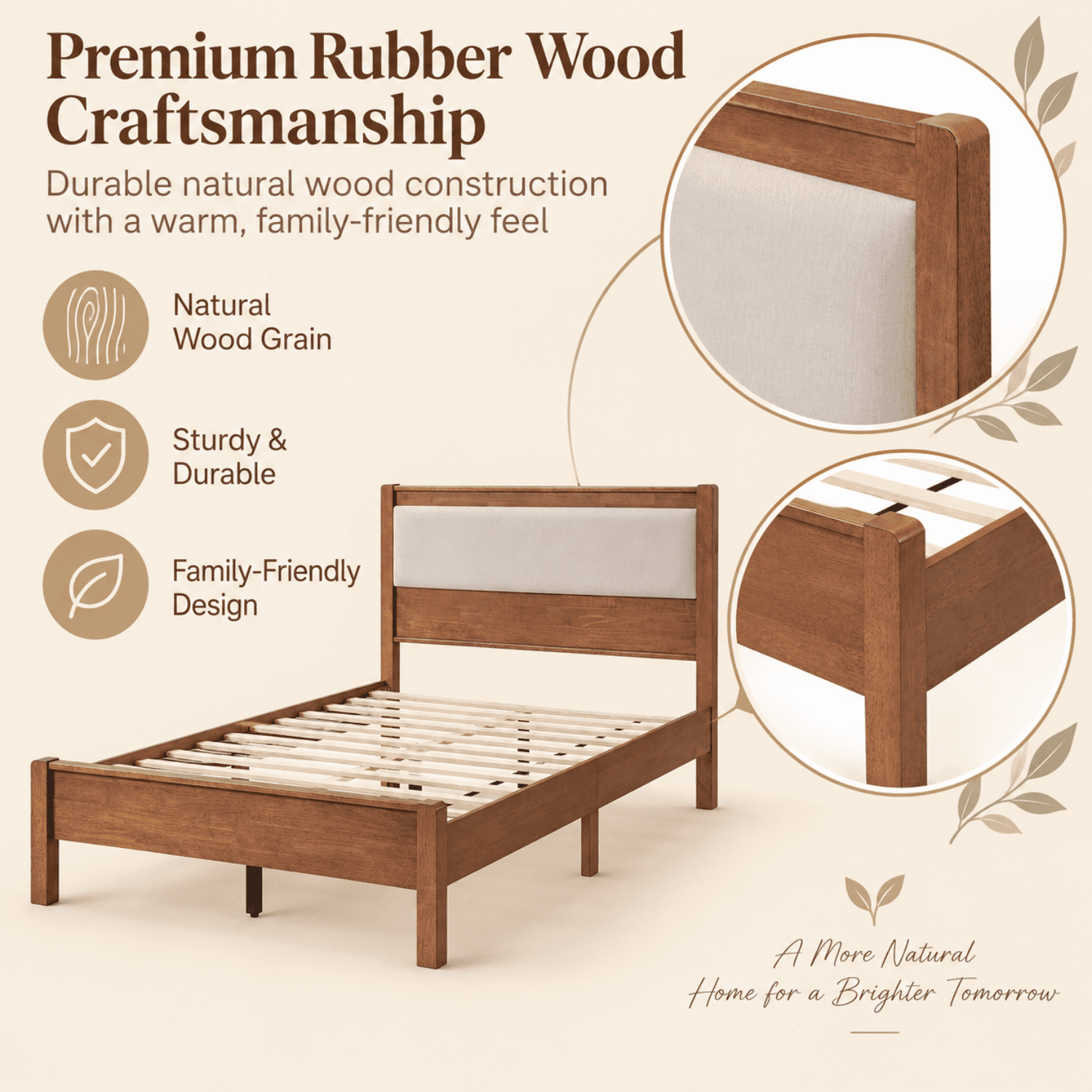 Miniyam Full Rubberwood Platform Bed Frame with Padded Upholstered Headboard, Brown