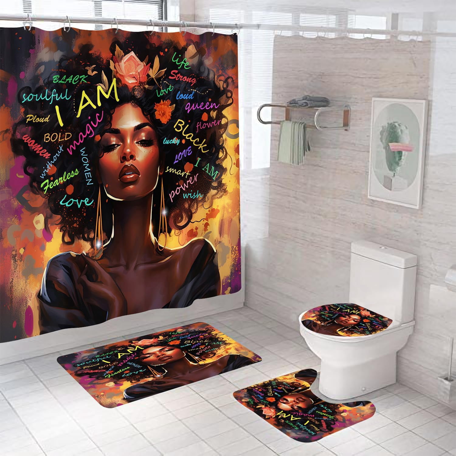 4PCS African King and Queen Shower Curtain Sets with Rugs African American Couple Bathroom Sets with Waterproof Bath Curtains I Choose You Shower Curtains with 12 Hooks Bath Mat 71x71inch
